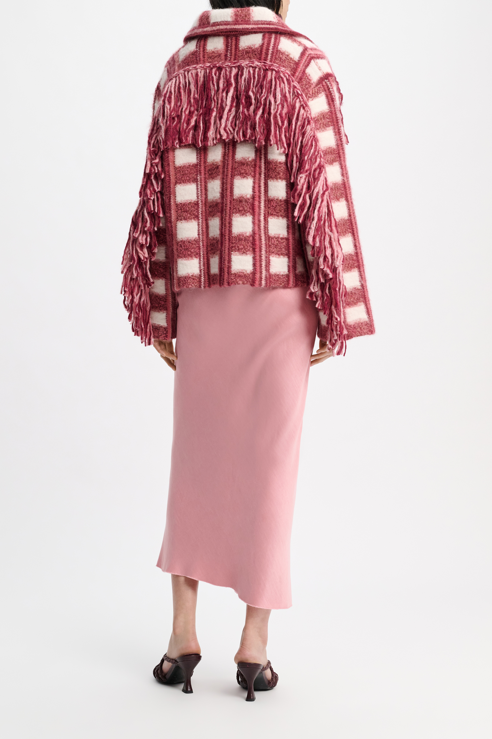 Dorothee Schumacher Plaid knit jacquard jacket with XL fringe pink check mix