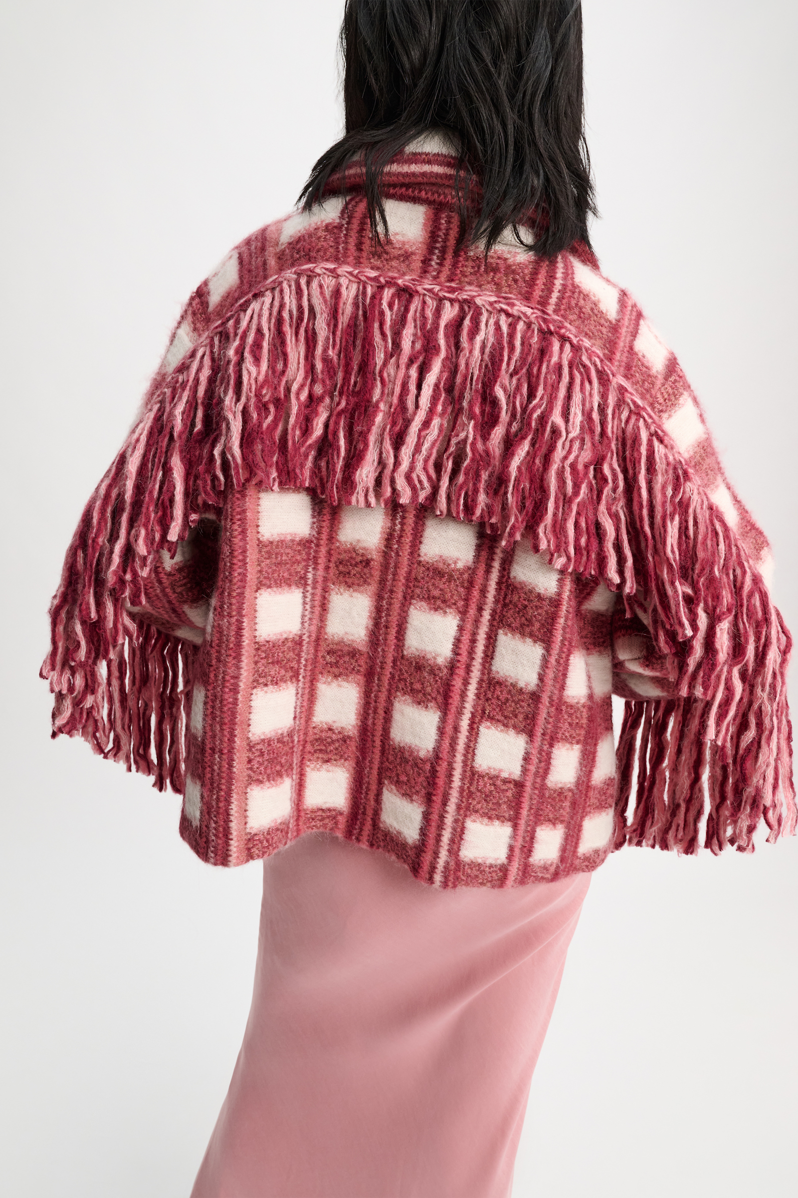 Dorothee Schumacher Plaid knit jacquard jacket with XL fringe pink check mix