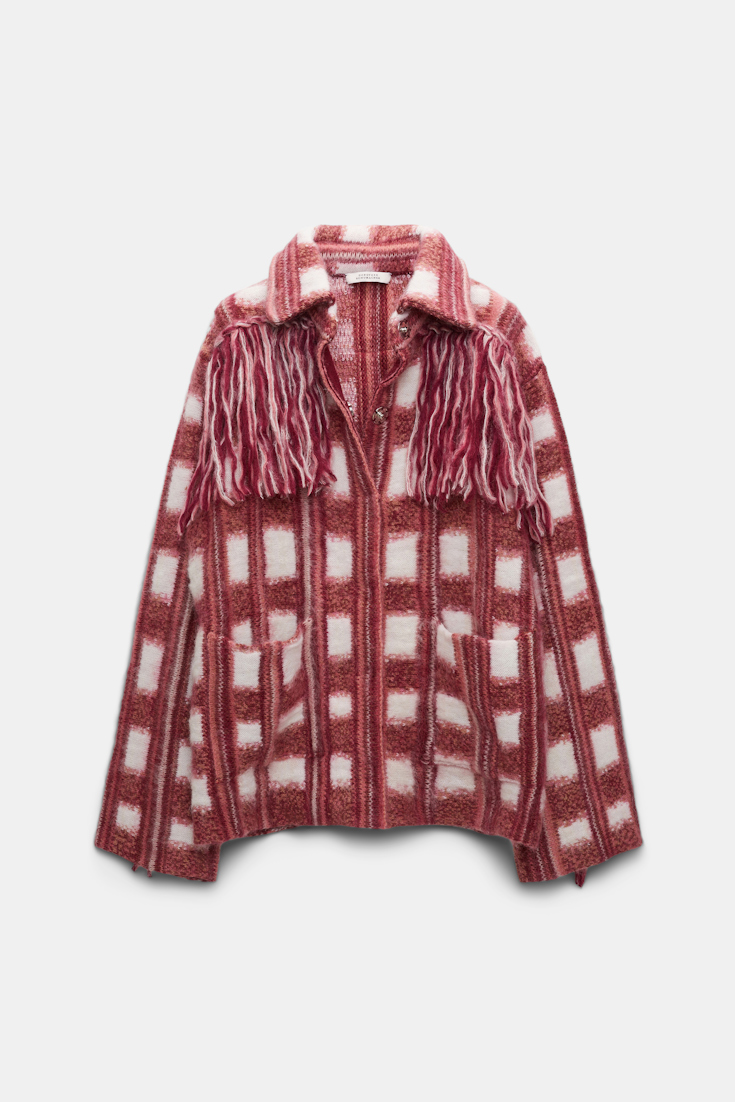 Dorothee Schumacher Plaid knit jacquard jacket with XL fringe pink check mix