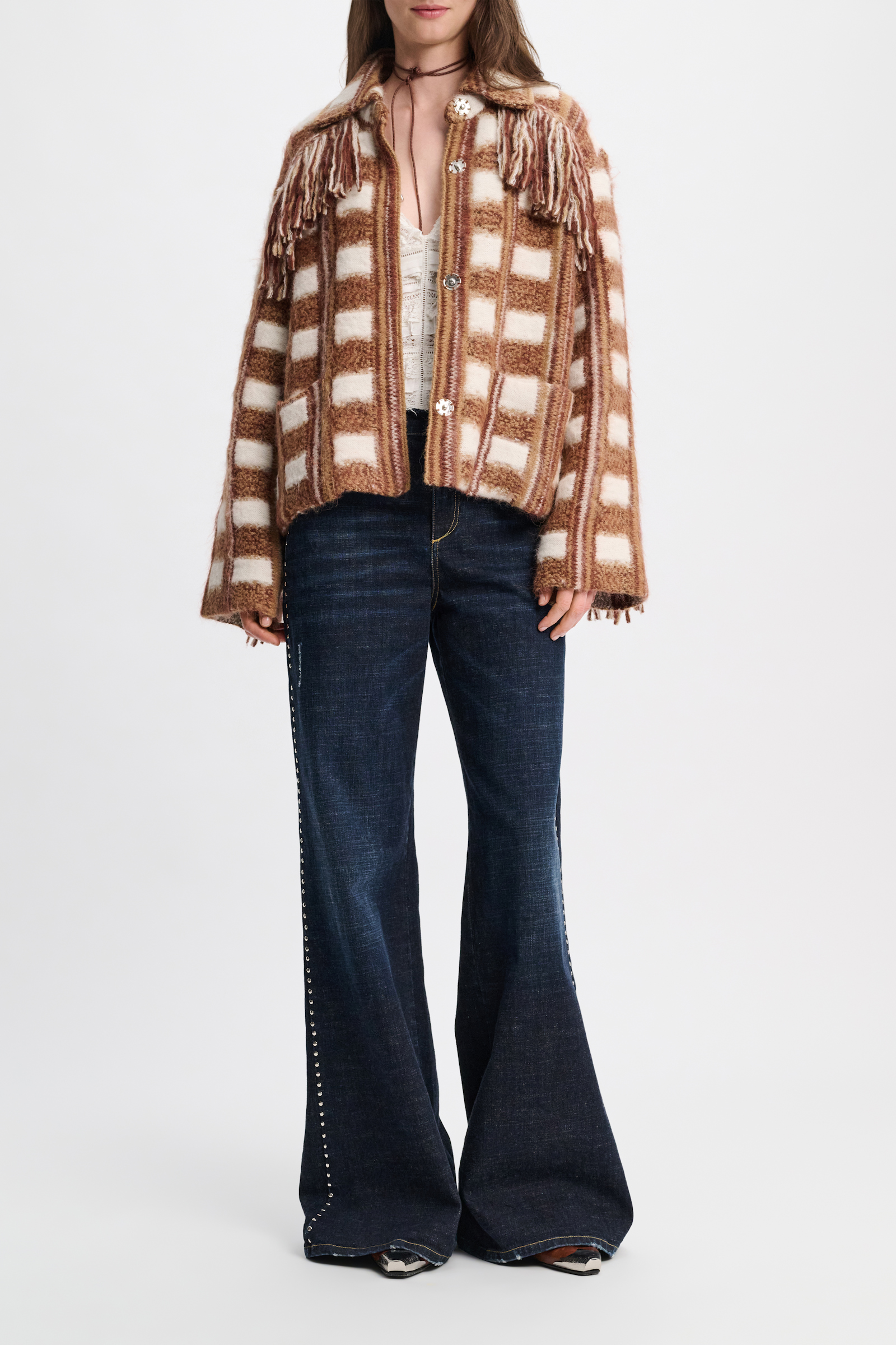 Dorothee Schumacher Plaid knit jacquard jacket with XL fringe brown and rose check