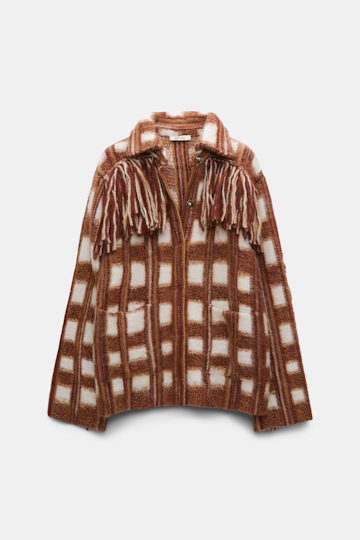 Dorothee Schumacher Plaid knit jacquard jacket with XL fringe brown and rose check