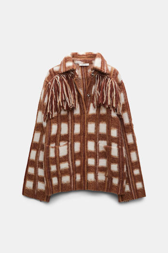 Dorothee Schumacher Plaid knit jacquard jacket with XL fringe brown and rose check
