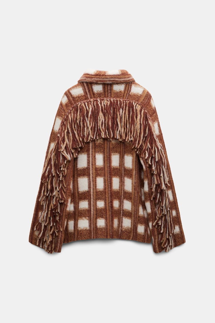Dorothee Schumacher Plaid knit jacquard jacket with XL fringe brown and rose check