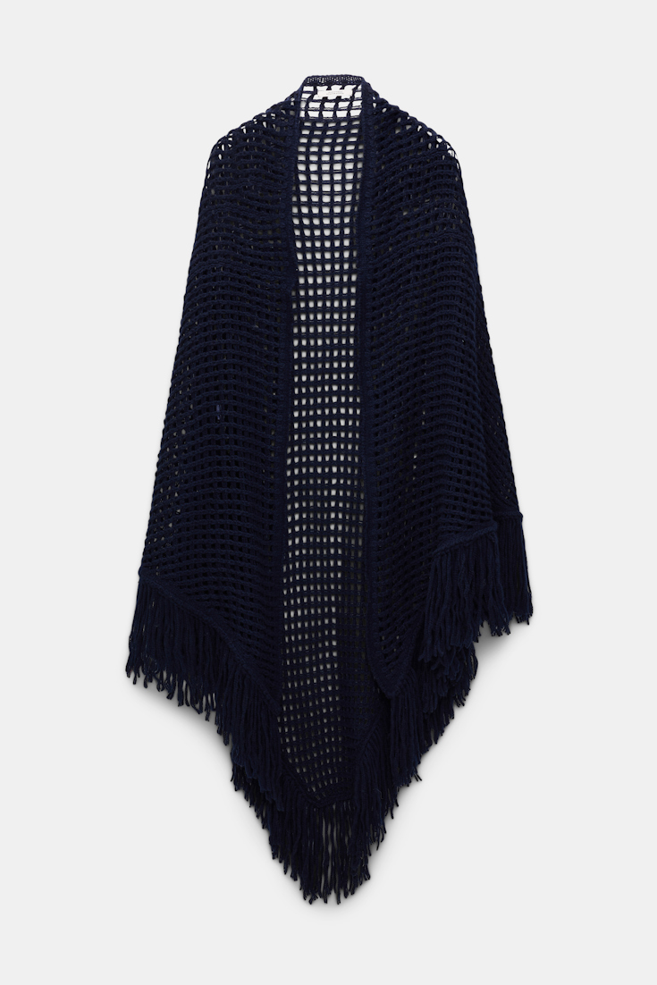 Dorothee Schumacher Merino-cashmere pointelle poncho with fringe trim blue night