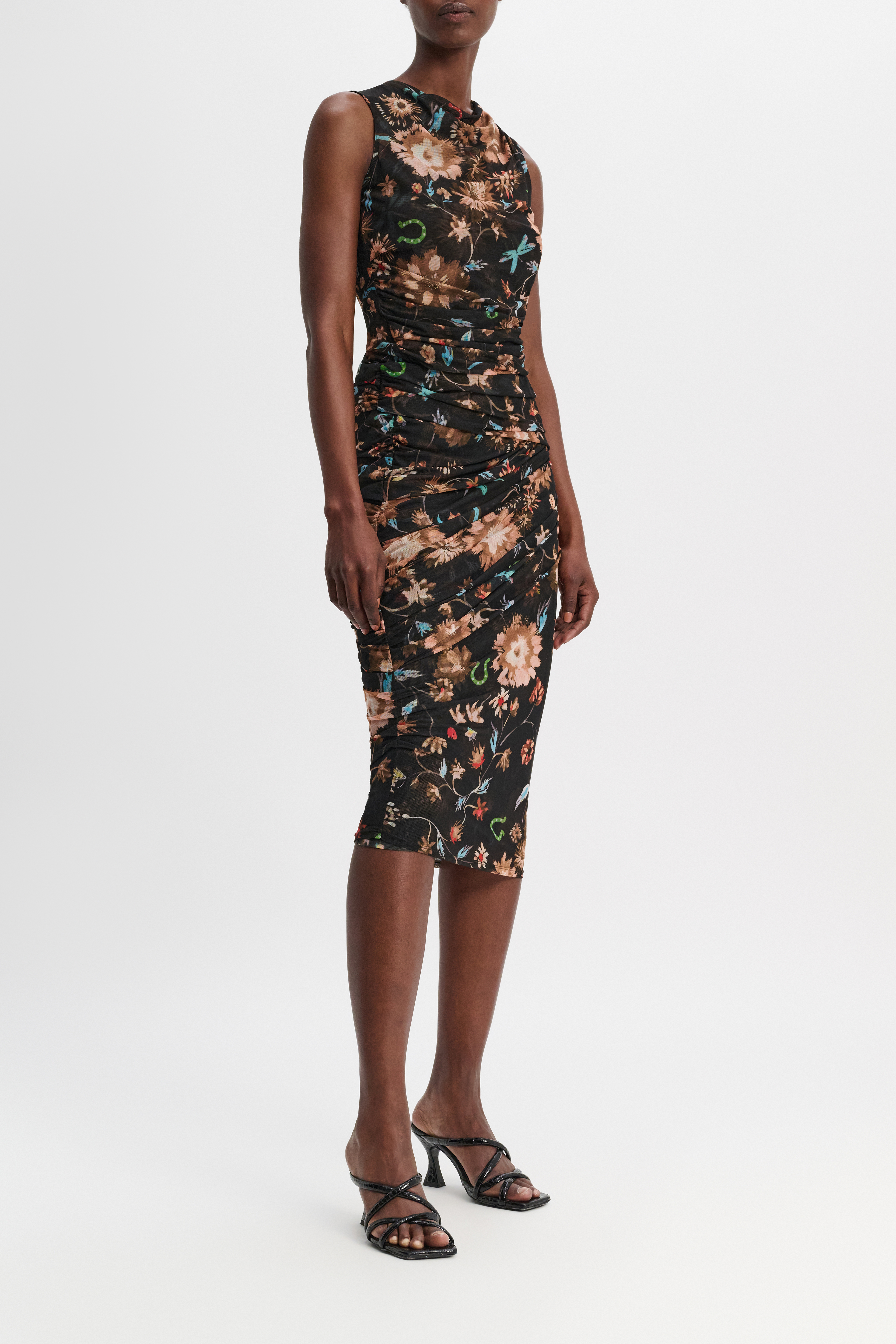Draped Mesh Jersey Midi Skirt with Allover Lucky Floral Print