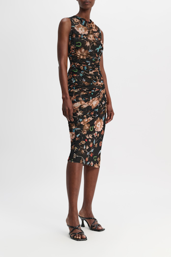 Dorothee Schumacher Draped mesh jersey midi skirt with allover lucky floral print dark mix