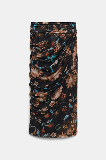 Dorothee Schumacher Draped mesh jersey midi skirt with allover lucky floral print dark mix