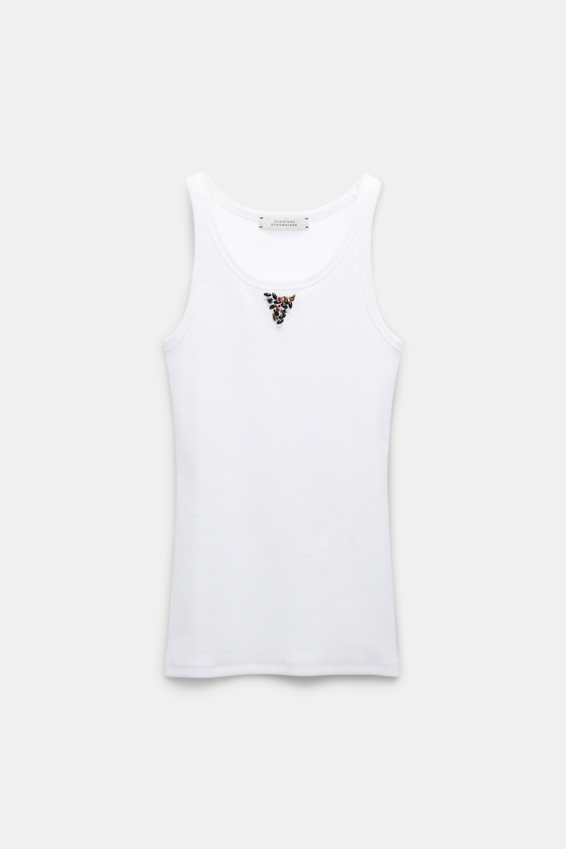 DOROTHEE SCHUMACHER FINE RIB STRETCH COTTON TANK TOP WITH EMBELLISHMENT DETAIL 
