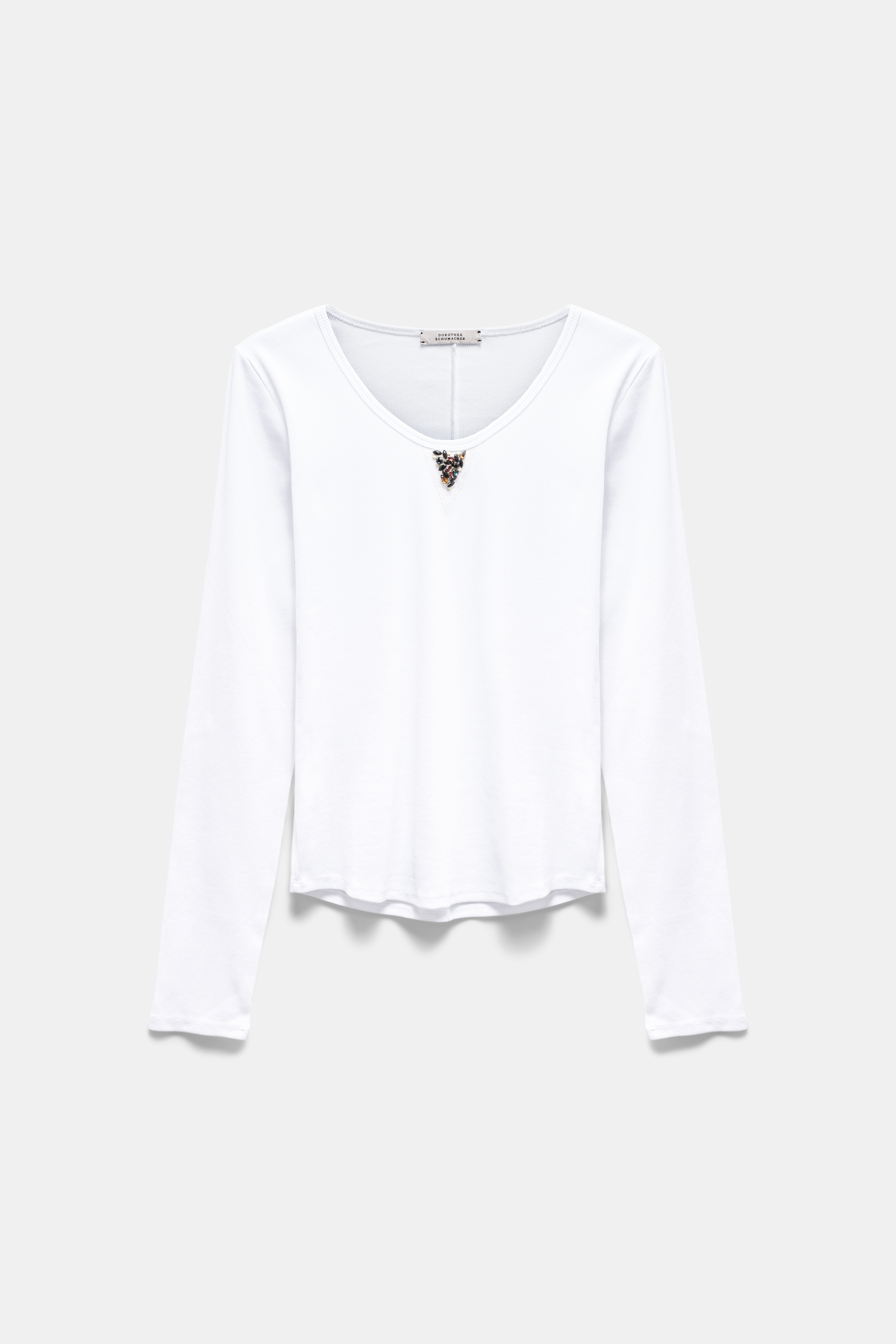 Dorothee Schumacher Fine rib stretch cotton scoop neck top with embellishment detail blue on white