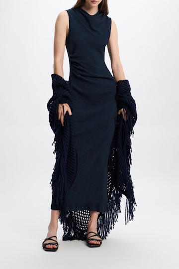 Dorothee Schumacher Fine rib cotton draped midi dress true navy