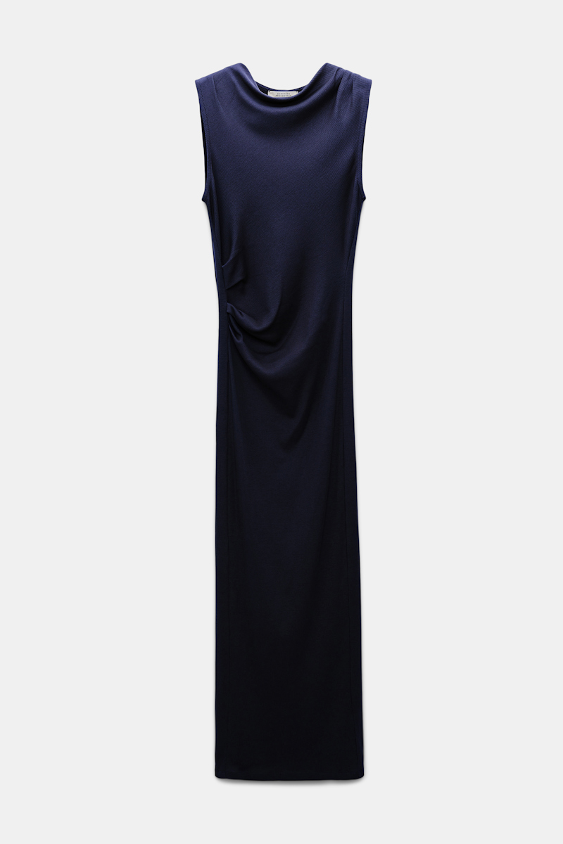 Shop Dorothee Schumacher Fine Rib Cotton Draped Midi Dress In Blue