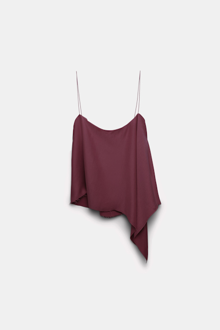SLOUCHY ELEGANCE blouse Dorothee Schumacher Asymmetric satin camisole with thin spaghetti straps dark burgundy