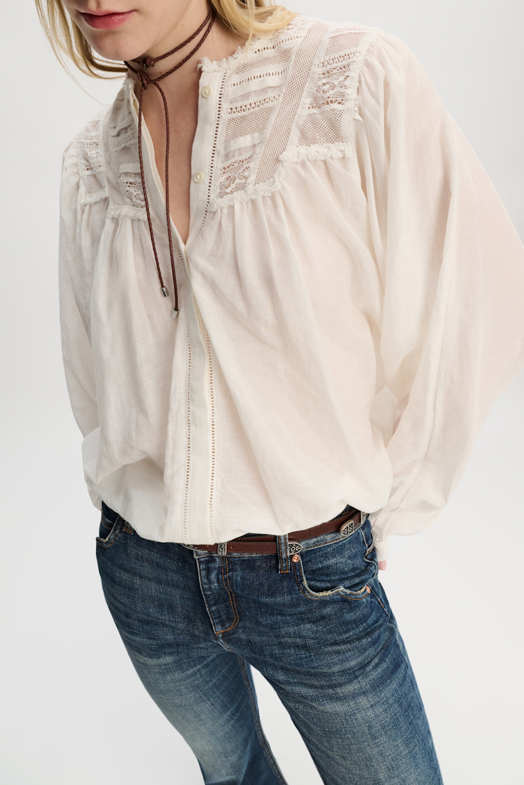Dorothee Schumacher Cotton-silk-voile blouse with lace inserts camellia white