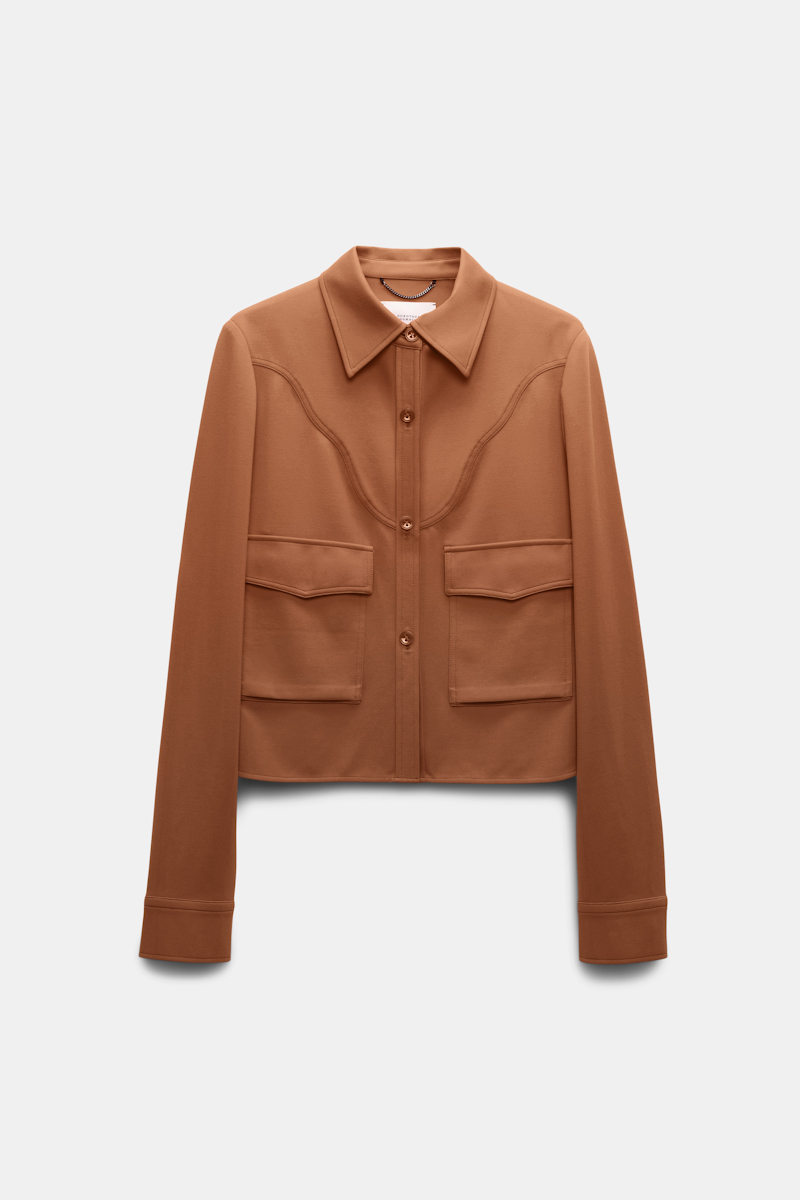 Shop Dorothee Schumacher Shirt-jacket In Punto Milano With Western Details In Brown