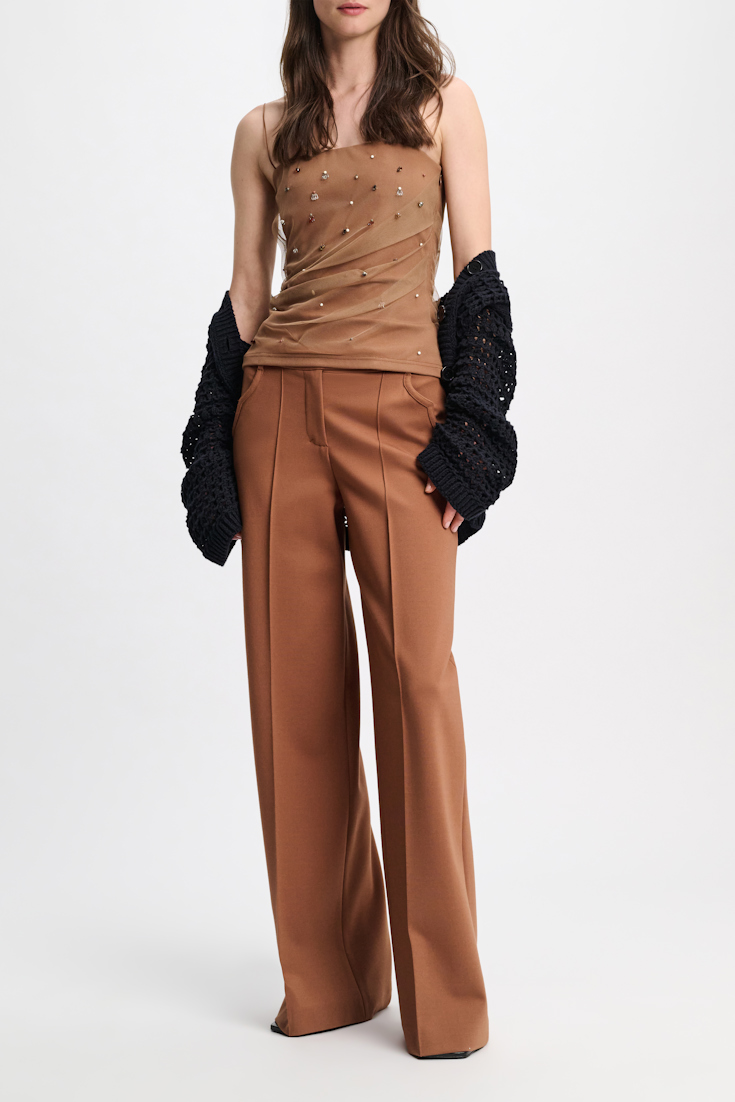 Dorothee Schumacher Strapless top in Punto Milano with embellished tulle overlay brown