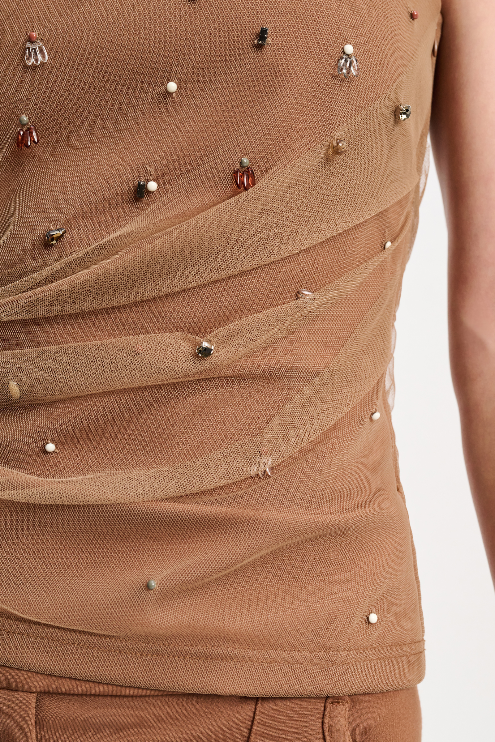 Dorothee Schumacher Strapless top in Punto Milano with embellished tulle overlay brown