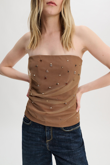Dorothee Schumacher Strapless top in Punto Milano with embellished tulle overlay brown