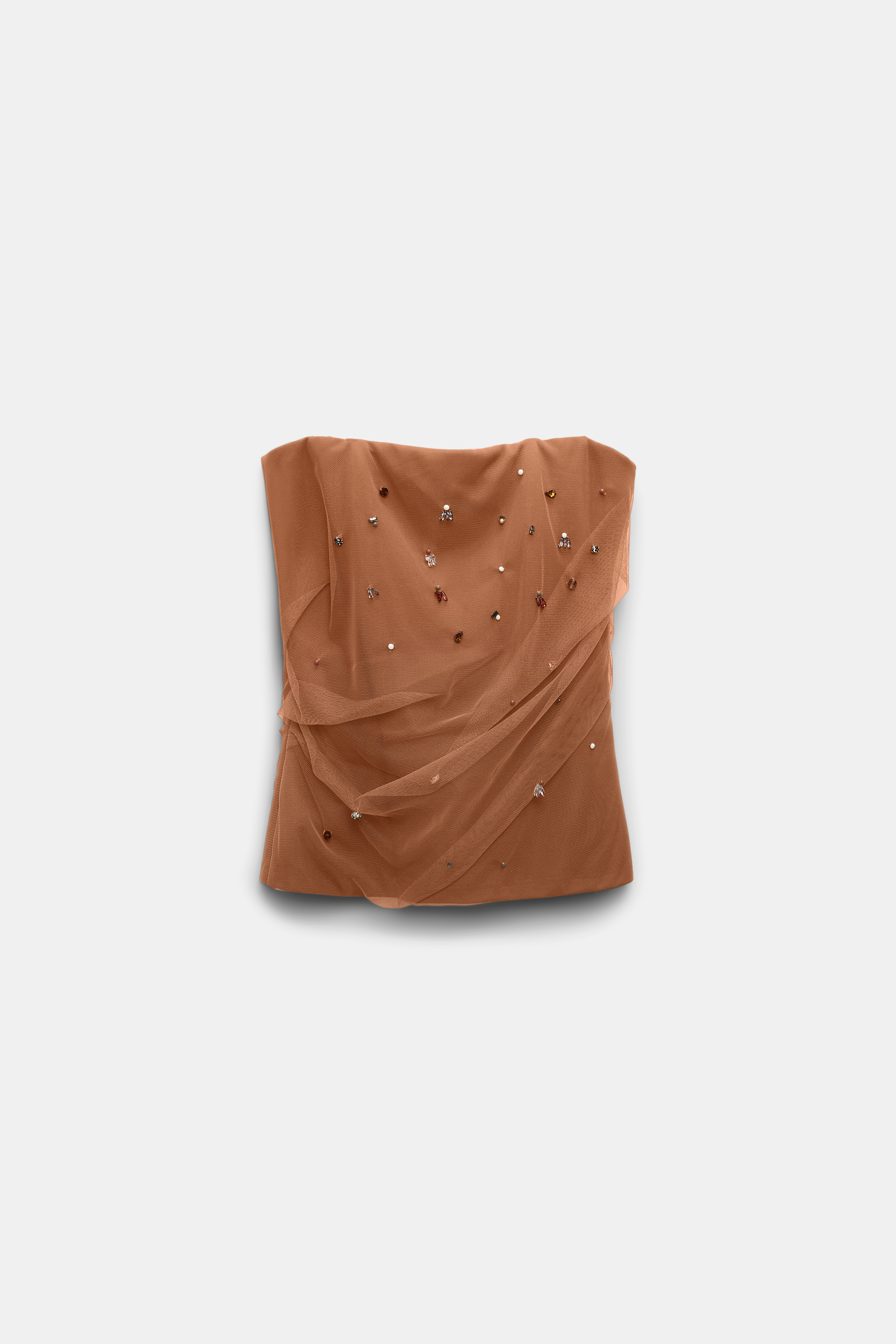 Dorothee Schumacher Strapless top in Punto Milano with embellished tulle overlay brown