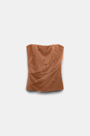 Dorothee Schumacher Strapless top in Punto Milano with embellished tulle overlay brown