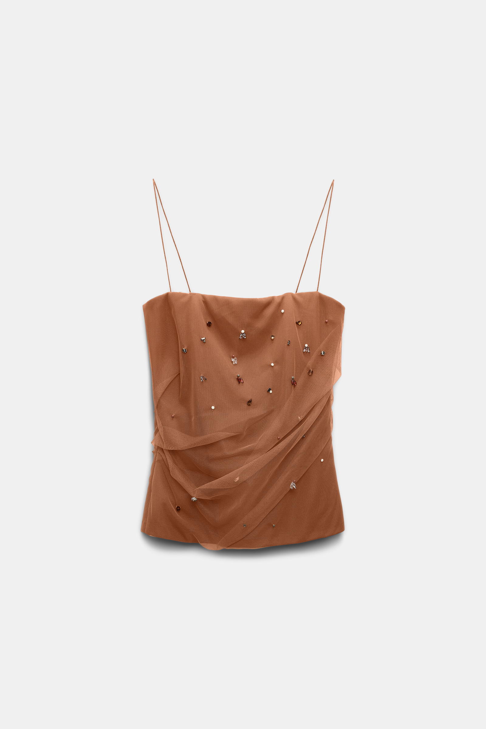 Dorothee Schumacher Strapless top in Punto Milano with embellished tulle overlay brown