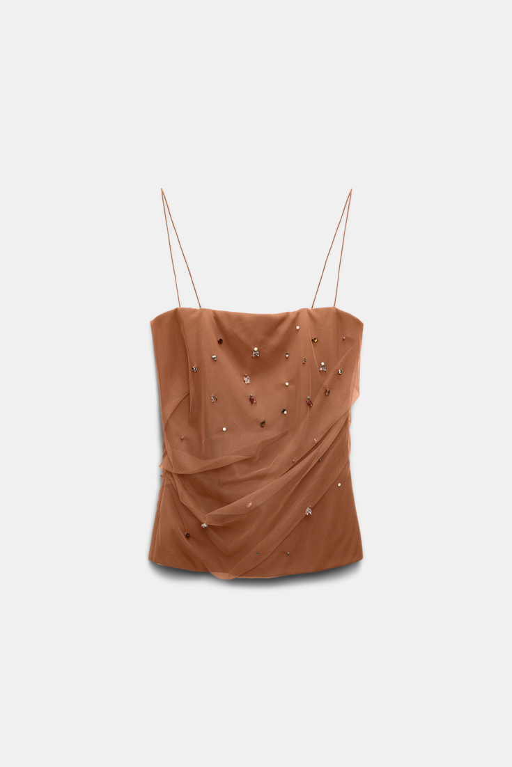 Dorothee Schumacher Strapless top in Punto Milano with embellished tulle overlay brown