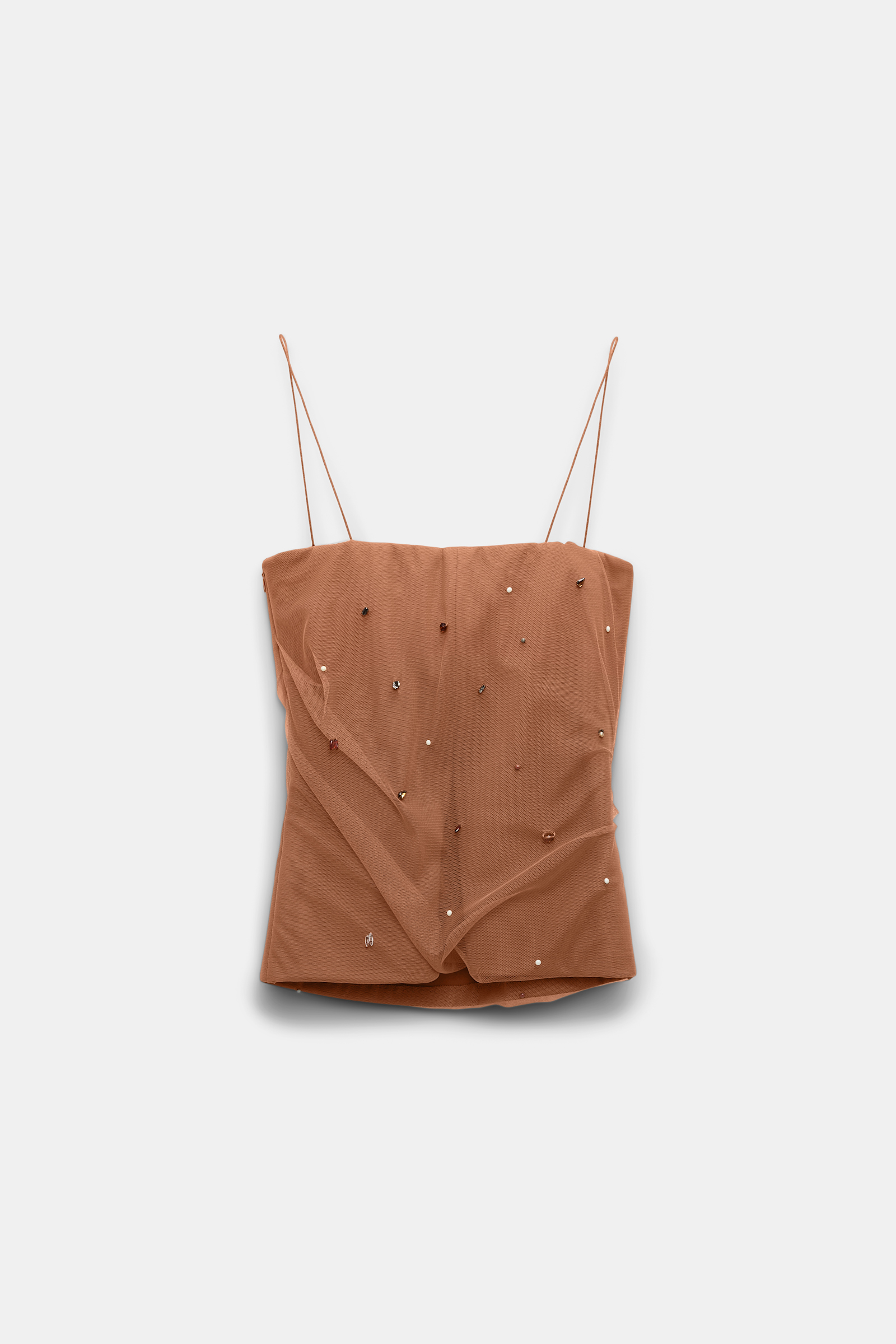 Dorothee Schumacher Strapless top in Punto Milano with embellished tulle overlay brown