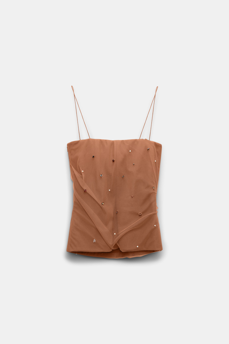 Dorothee Schumacher Strapless top in Punto Milano with embellished tulle overlay brown