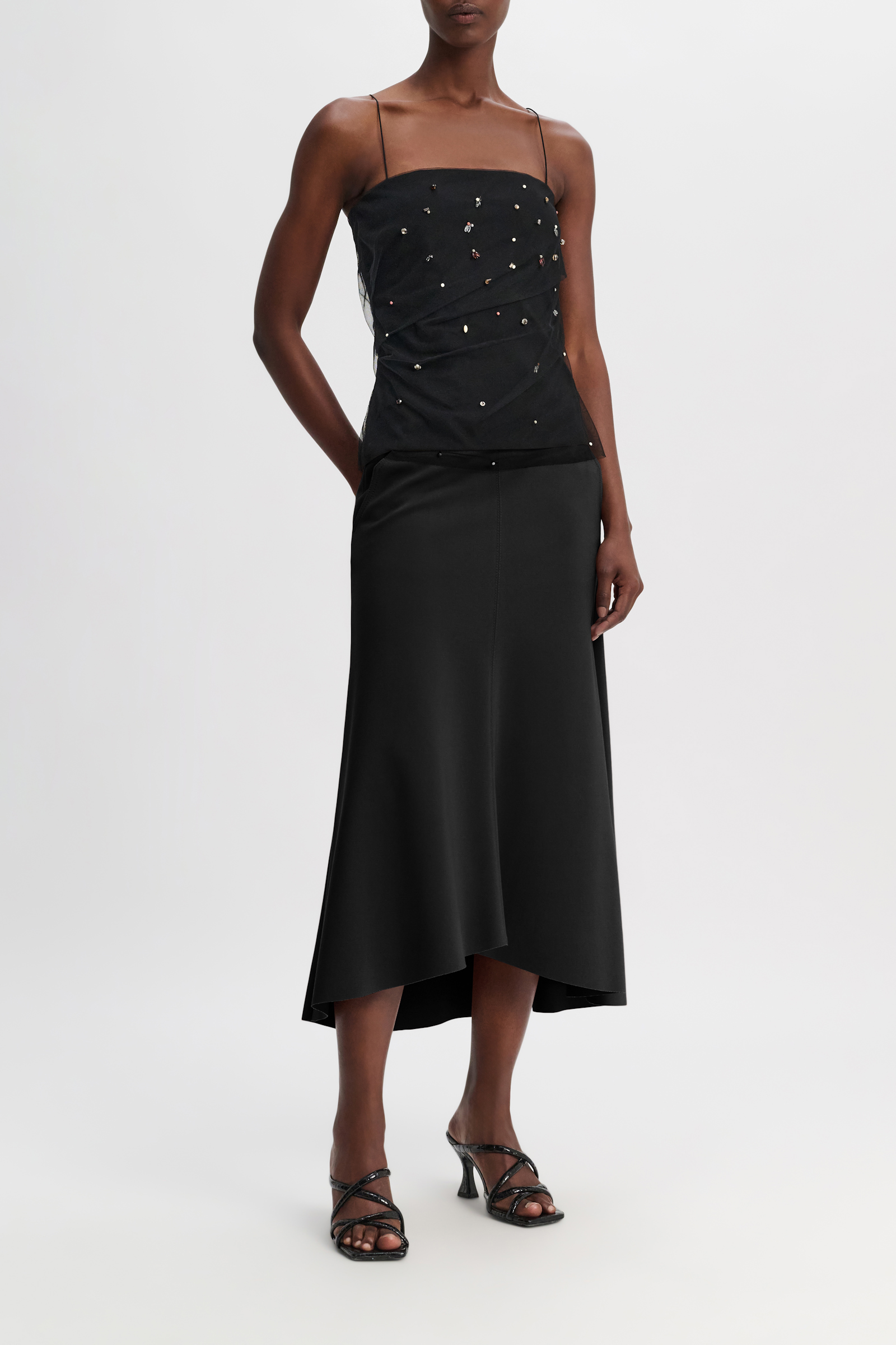 Dorothee Schumacher Strapless top in Punto Milano with embellished tulle overlay pure black