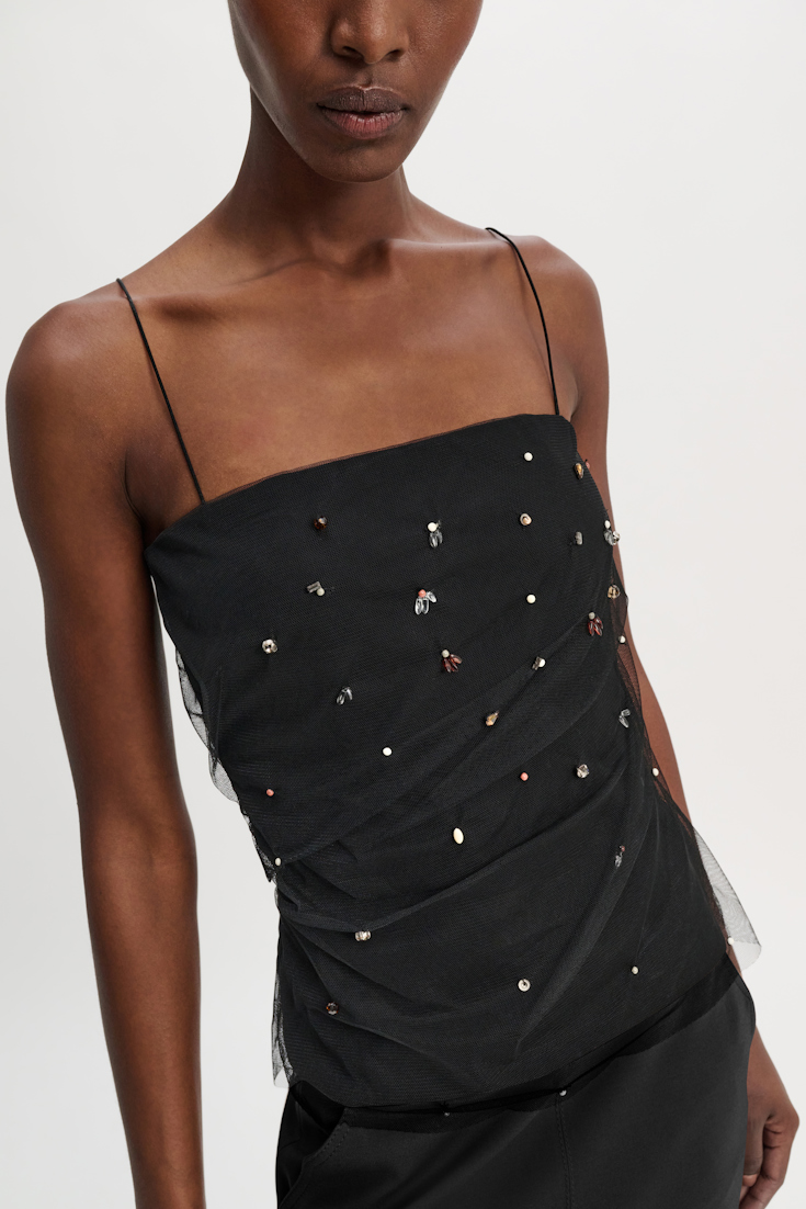 Dorothee Schumacher Strapless top in Punto Milano with embellished tulle overlay pure black