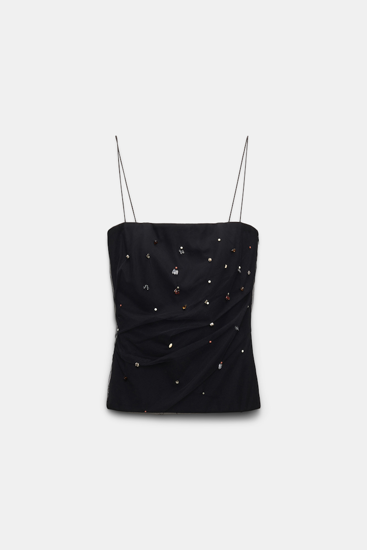 Dorothee Schumacher Strapless top in Punto Milano with embellished tulle overlay pure black