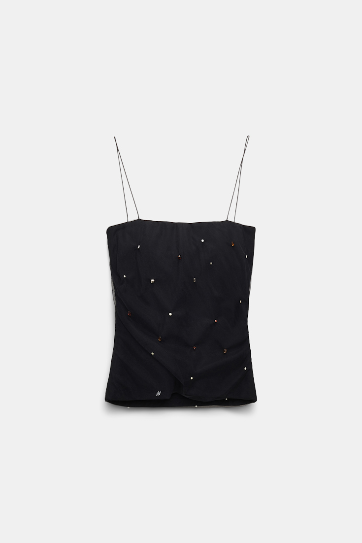 Dorothee Schumacher Strapless top in Punto Milano with embellished tulle overlay pure black
