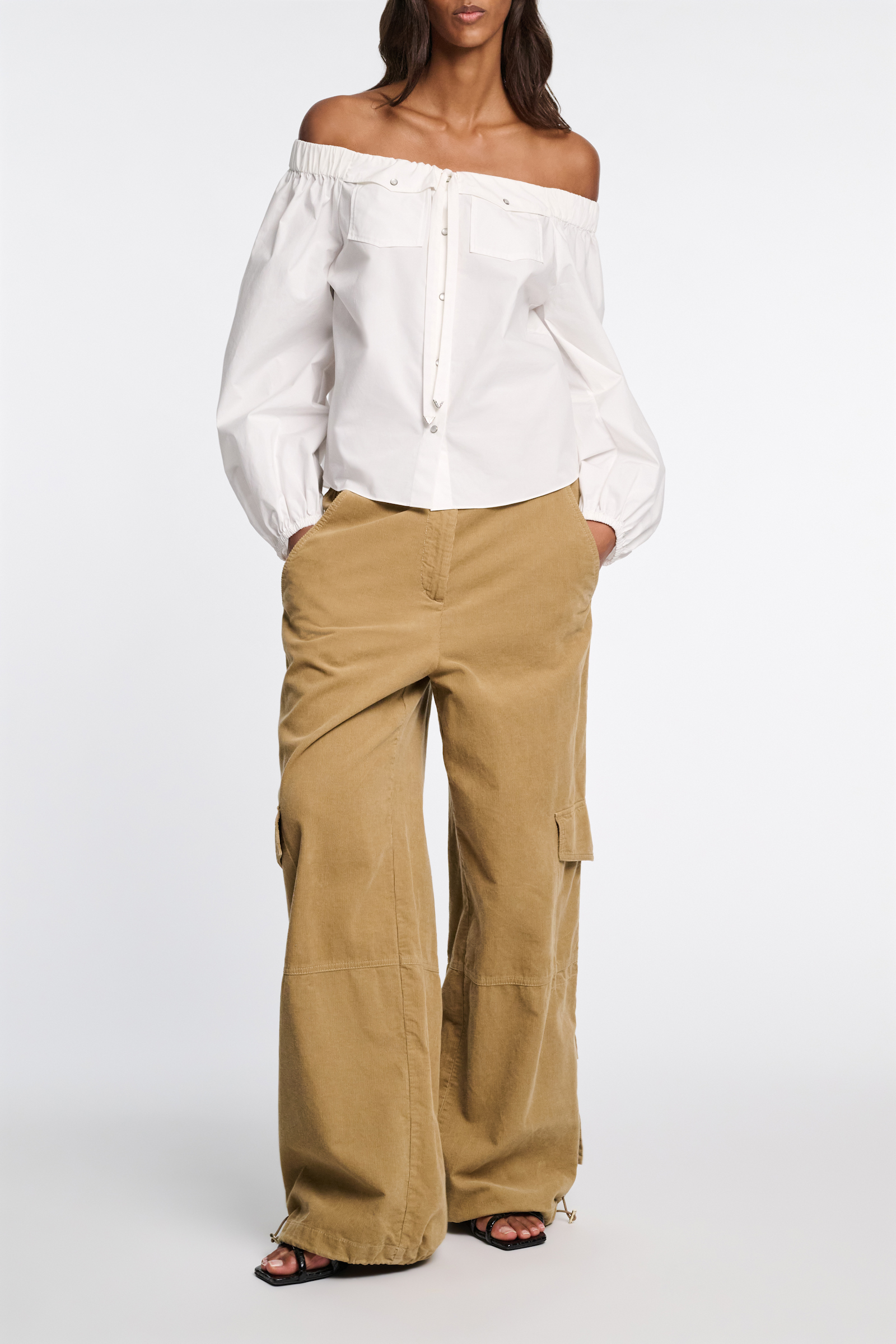 Dorothee Schumacher Off-the-shoulder cotton-poplin shirt with Western-inspired detailing pure white