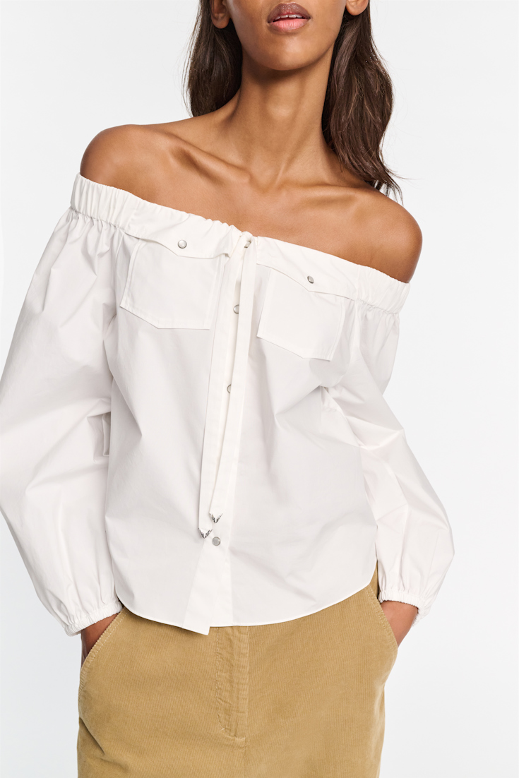 Dorothee Schumacher Off-the-shoulder cotton-poplin shirt with Western-inspired detailing pure white