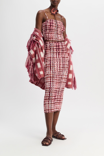 Dorothee Schumacher Silk-viscose plaid pencil skirt with allover smocking pink check mix