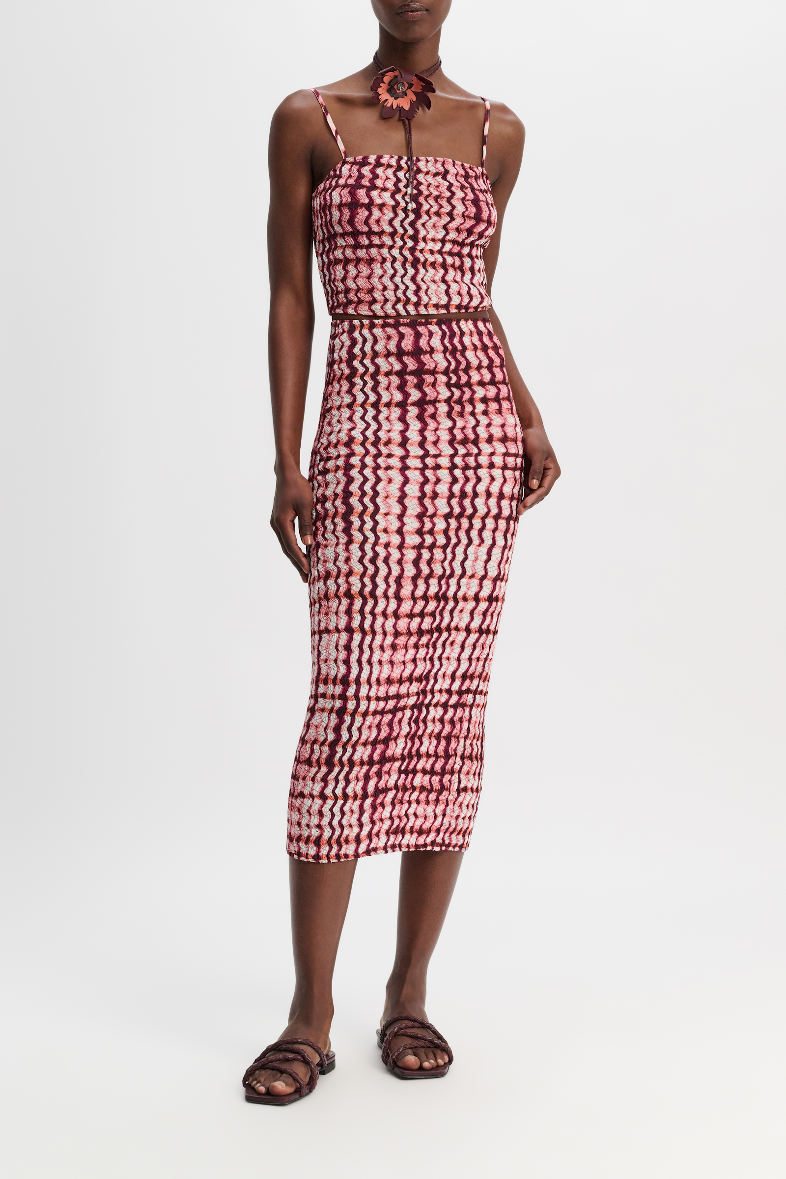 Dorothee Schumacher Silk-viscose plaid pencil skirt with allover smocking pink check mix