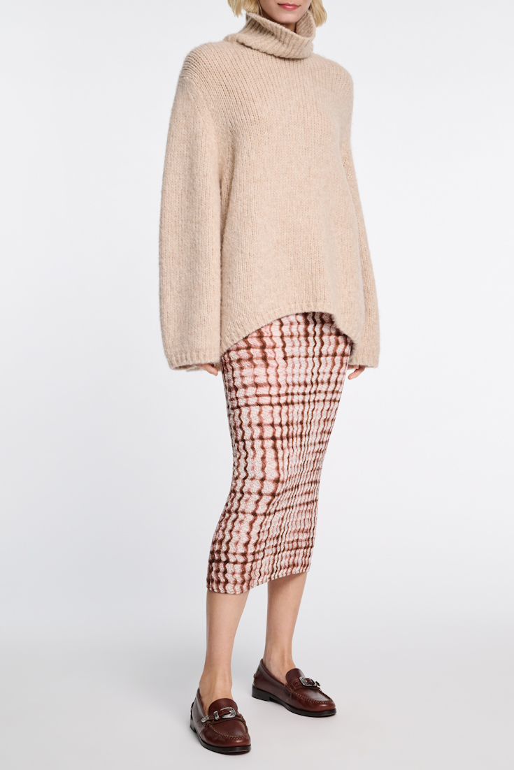 Dorothee Schumacher Silk-viscose plaid pencil skirt with allover smocking brown and rose check