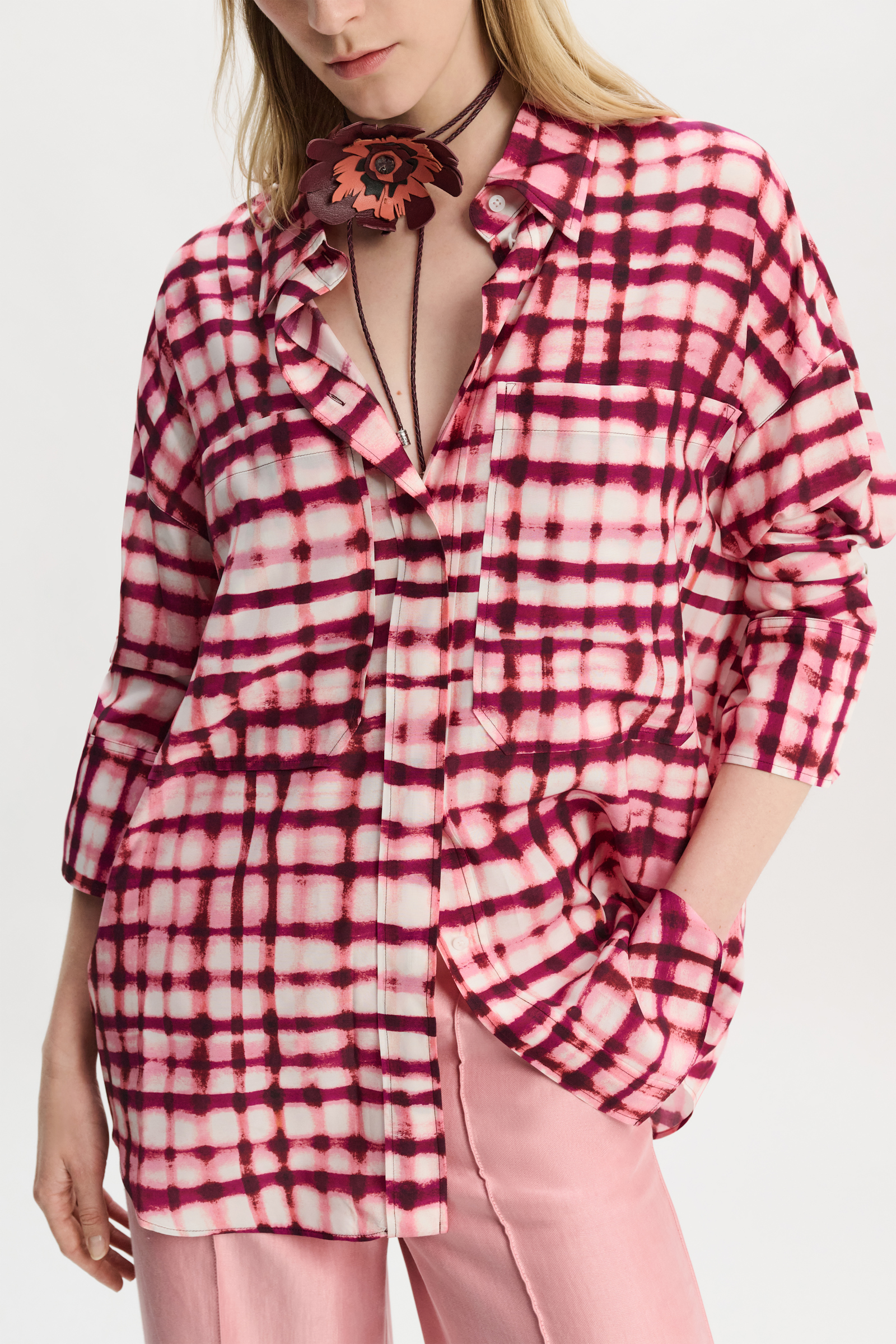 Dorothee Schumacher Silk-viscose plaid oversized shirt pink check mix