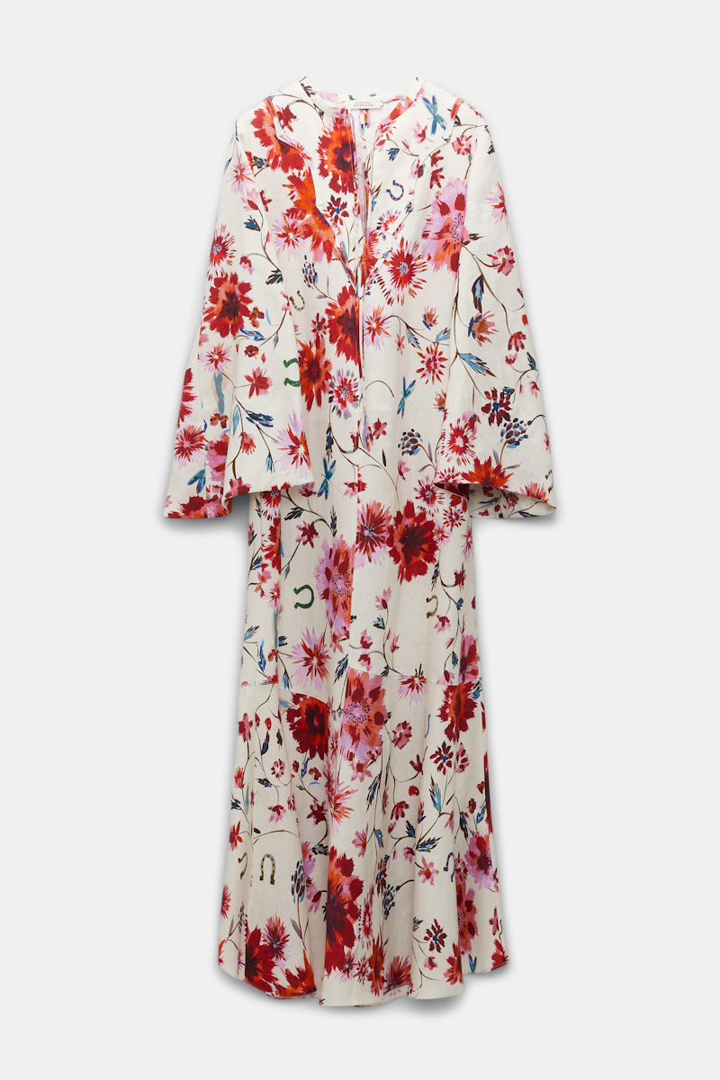 Shop Dorothee Schumacher Printed Linen Midi-dress With Western-inspired Front Plastron In Multi Colour