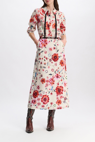 Dorothee Schumacher Rock aus bedrucktem Leinen mit abnehmbarem Ledergürtel im Western-Style floral mix