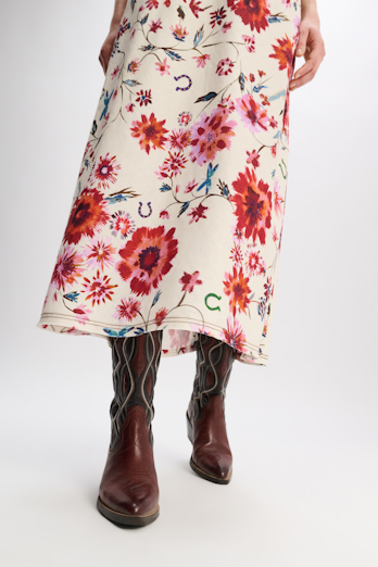 Dorothee Schumacher Rock aus bedrucktem Leinen mit abnehmbarem Ledergürtel im Western-Style floral mix