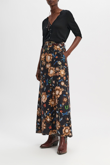 Dorothee Schumacher Printed linen skirt with removable leather tie belt dark mix