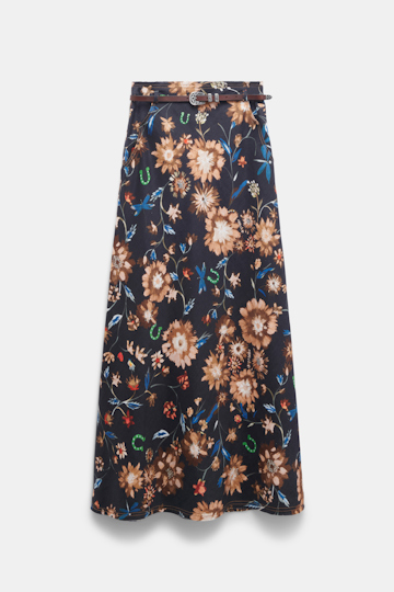 Dorothee Schumacher Printed linen skirt with removable leather tie belt dark mix