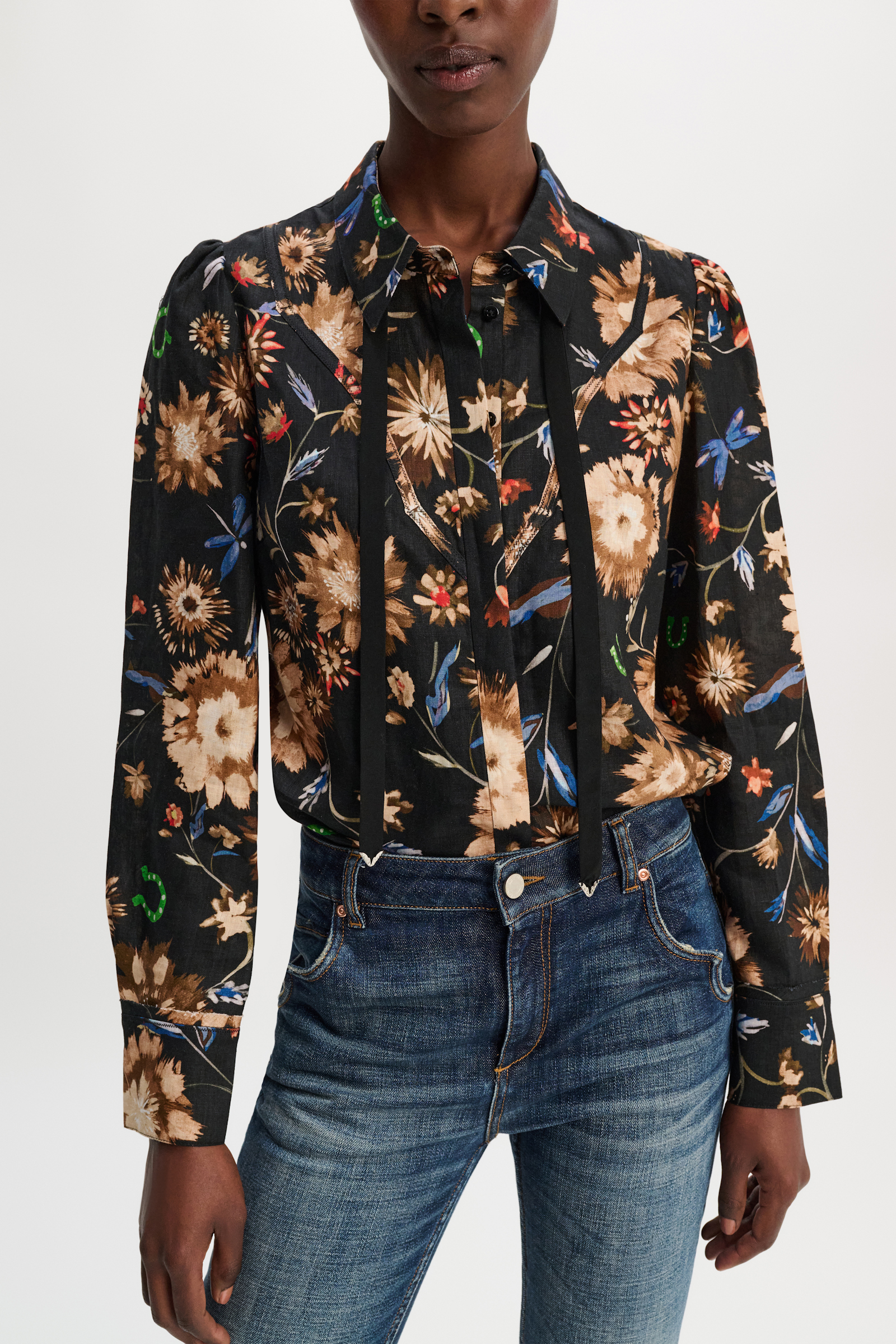 Dorothee Schumacher Printed linen blouse with tie and Western-inspired styling dark mix