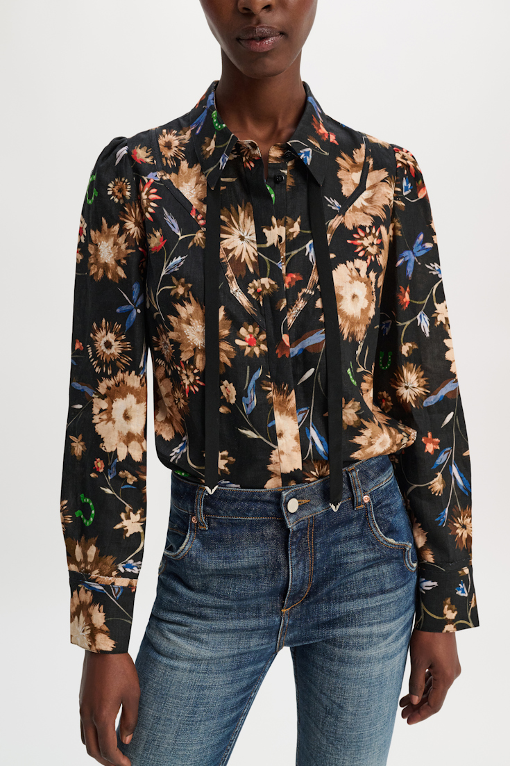 Dorothee Schumacher Printed linen blouse with tie and Western-inspired styling dark mix