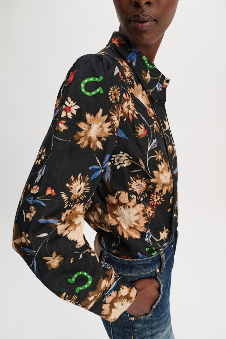 Dorothee Schumacher Printed linen blouse with tie and Western-inspired styling dark mix