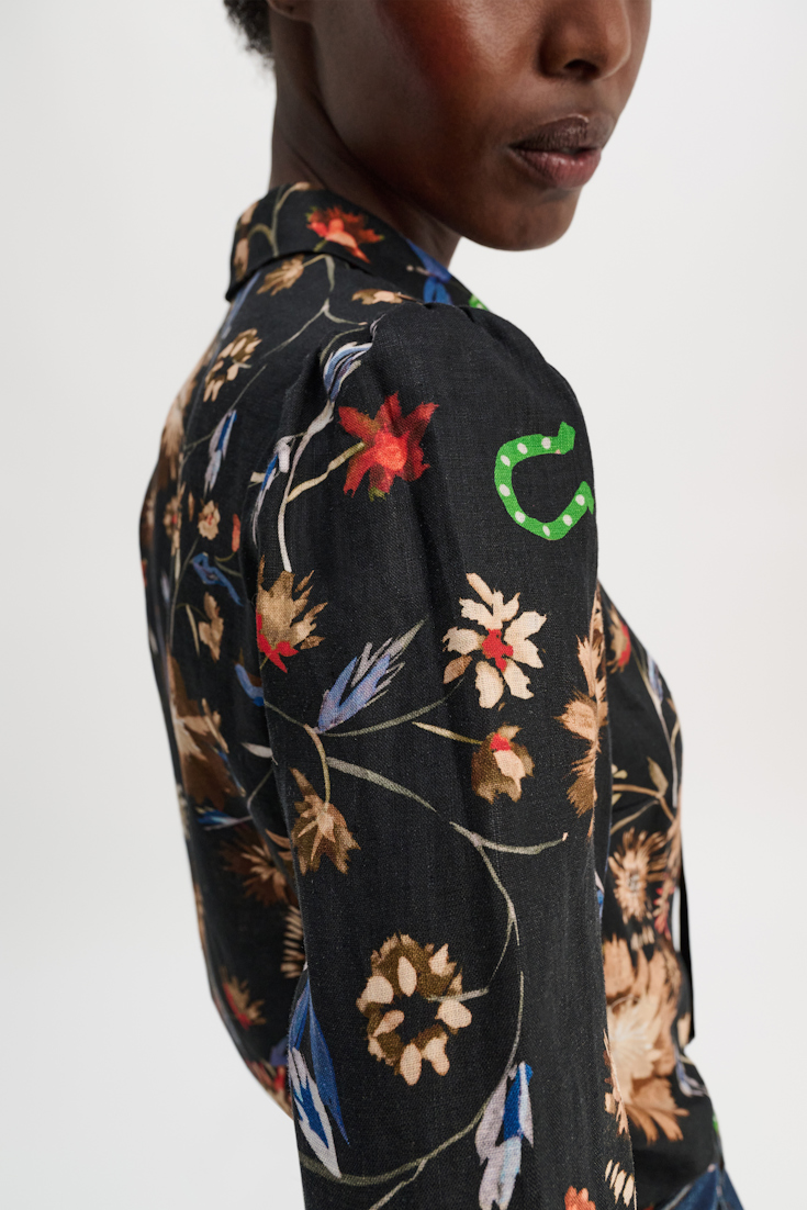 Dorothee Schumacher Printed linen blouse with tie and Western-inspired styling dark mix