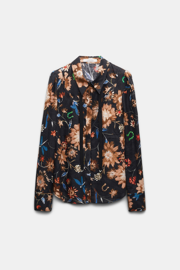 Dorothee Schumacher Printed linen blouse with tie and Western-inspired styling dark mix