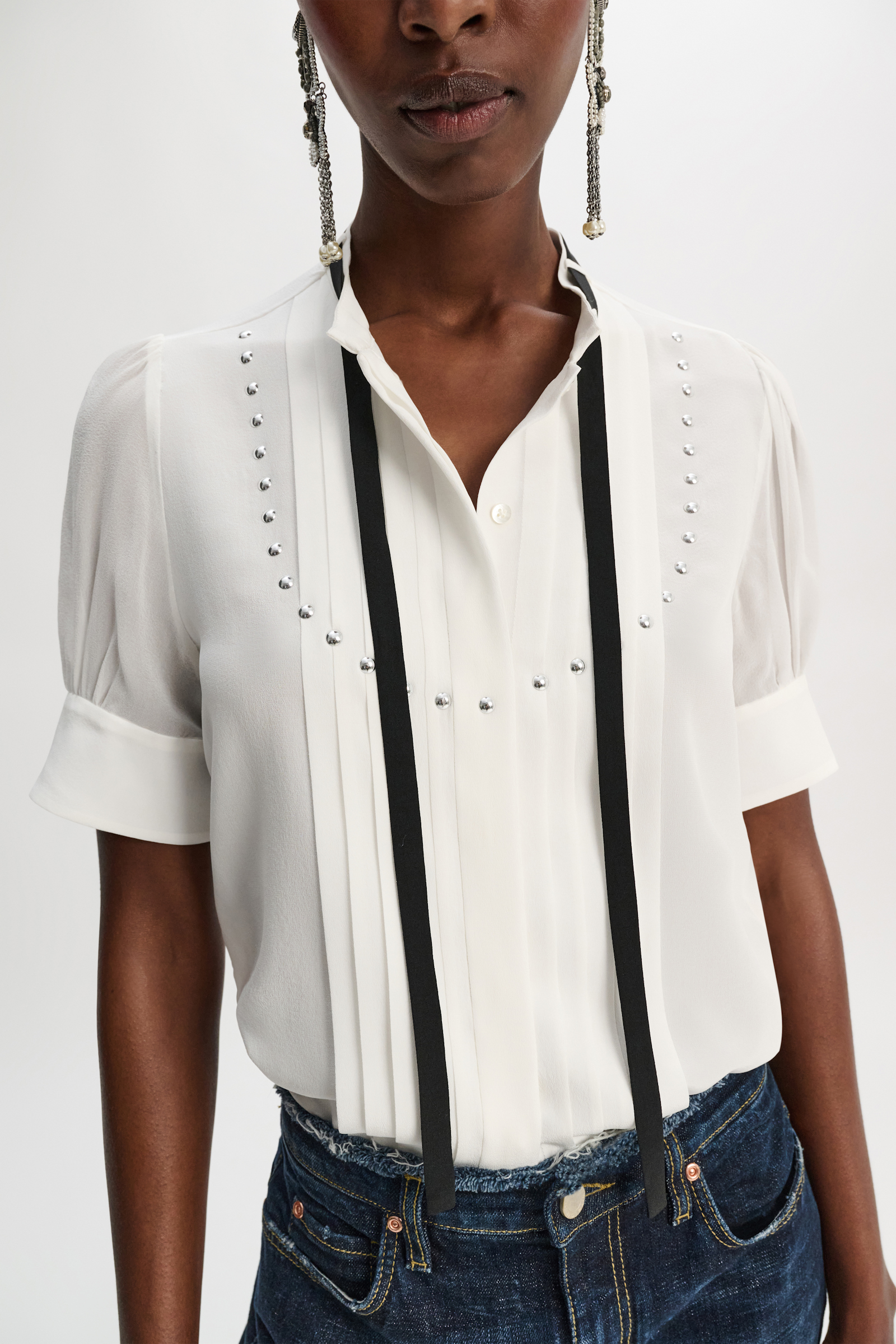 Dorothee Schumacher Silk georgette blouse with contrast tie in silk crêpe de chine camellia white