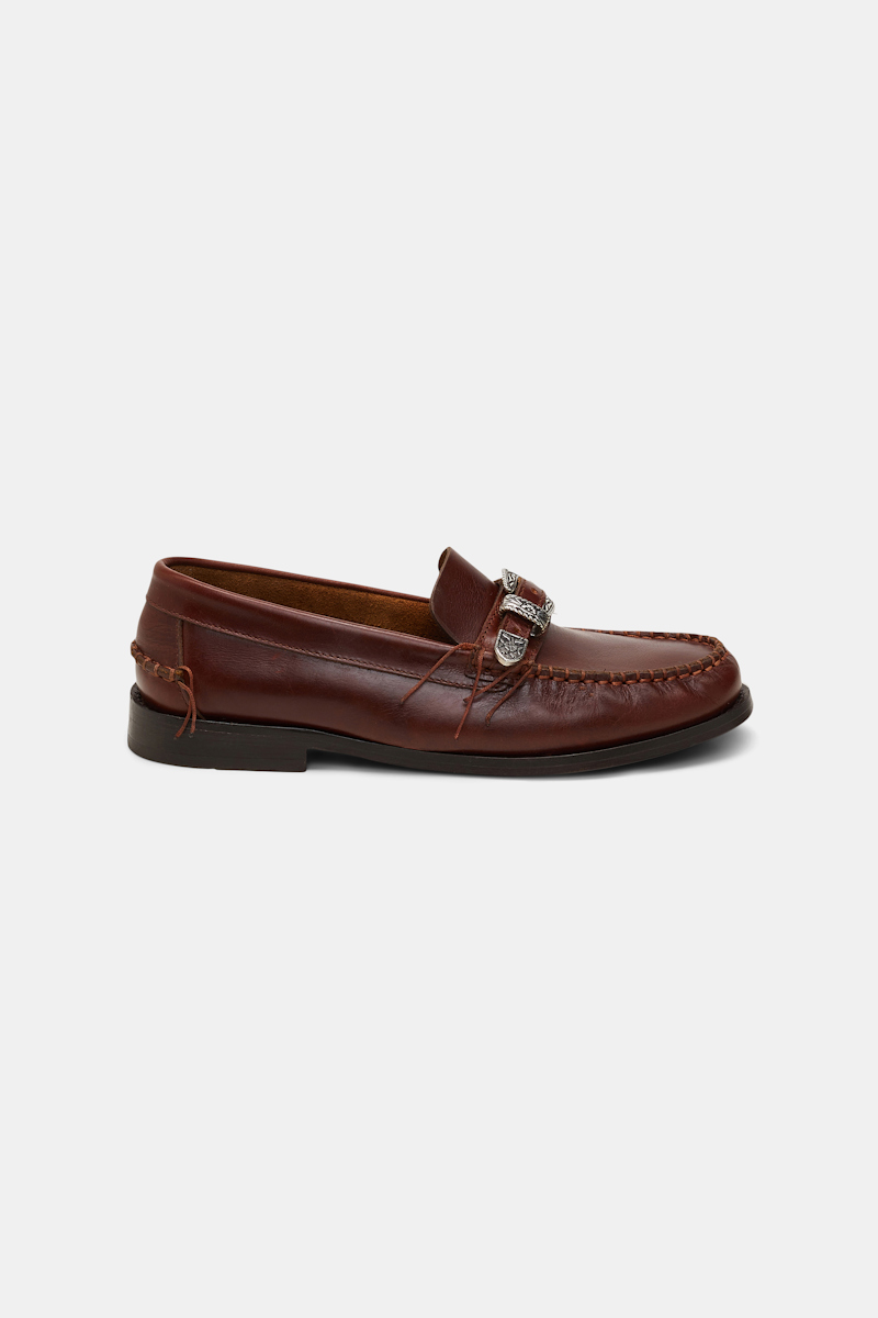 Shop Dorothee Schumacher Calfskin Loafers With Hand Stitching And Western Buckle In Brown