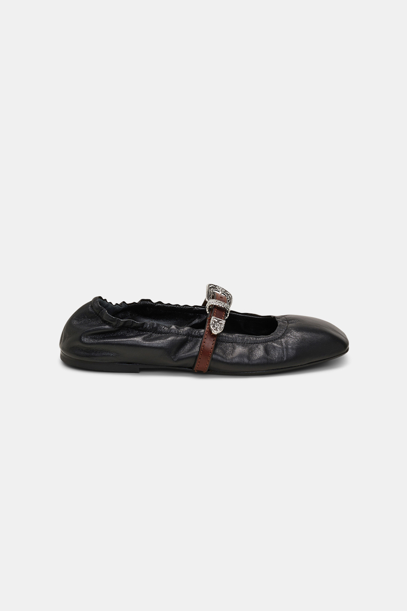 Shop Dorothee Schumacher Square Toe Flats With Western-inspired Buckle Straps In Black